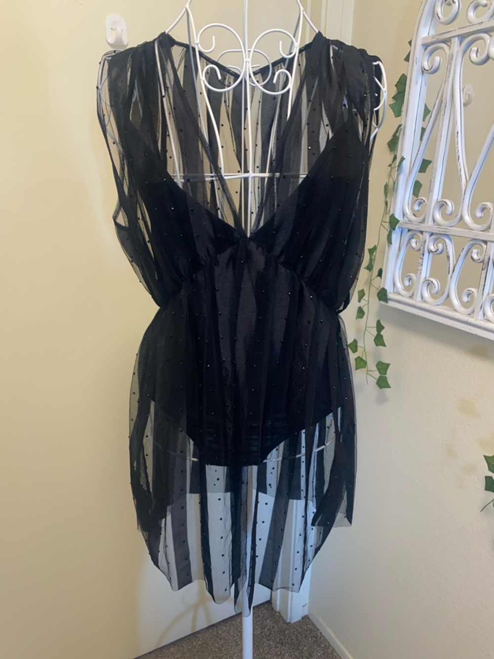 DO+BE Black Sheer Polka Dot Overlay Romper